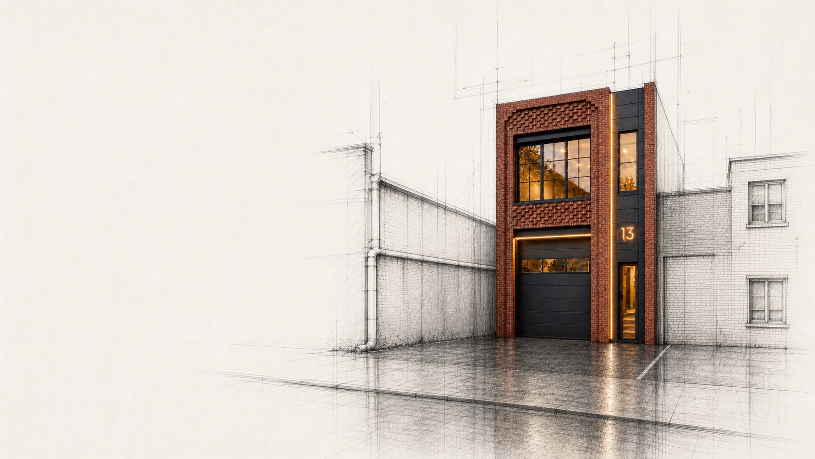 Hybrid concept visualization of the proposed brick-and-metal industrial and office building at 13 Arlington, with its surroundings rendered as pale architectural linework.
