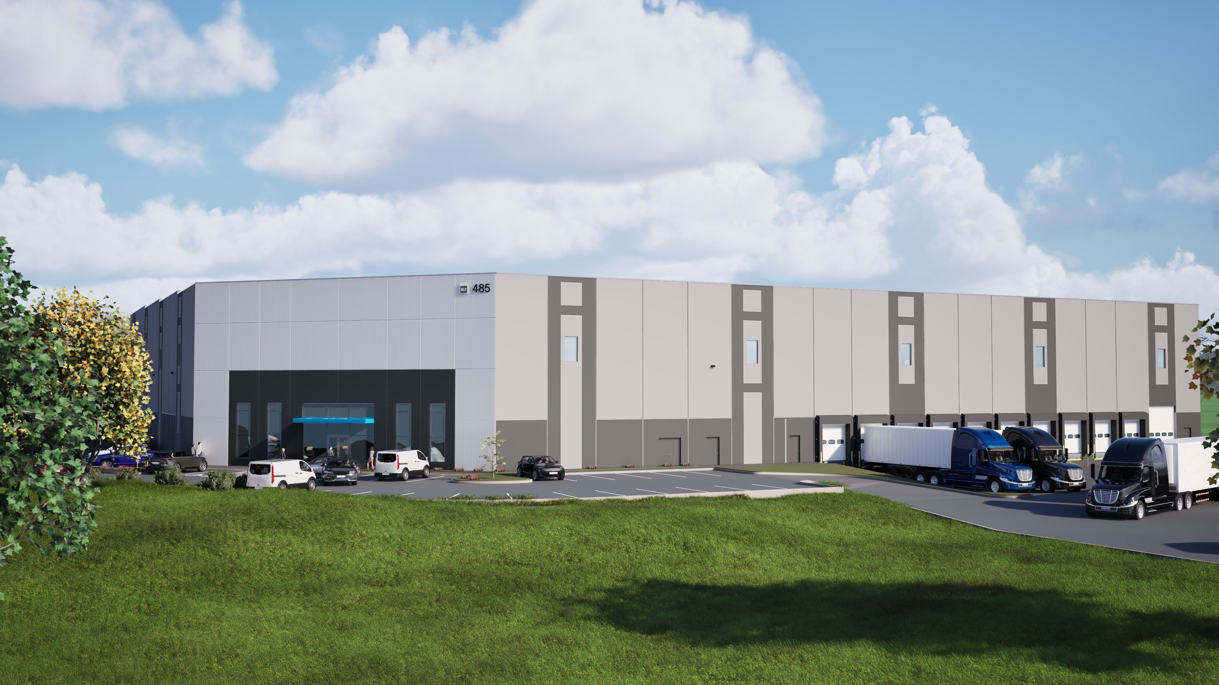 Design visualization showing the long warehouse elevation, office entry, and loading area