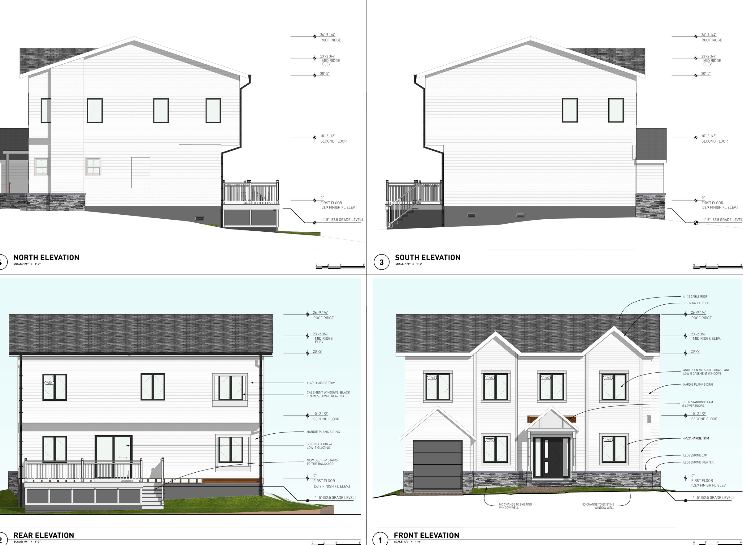 Proposed front, rear, north, and south permit-design elevations for the Closter residence