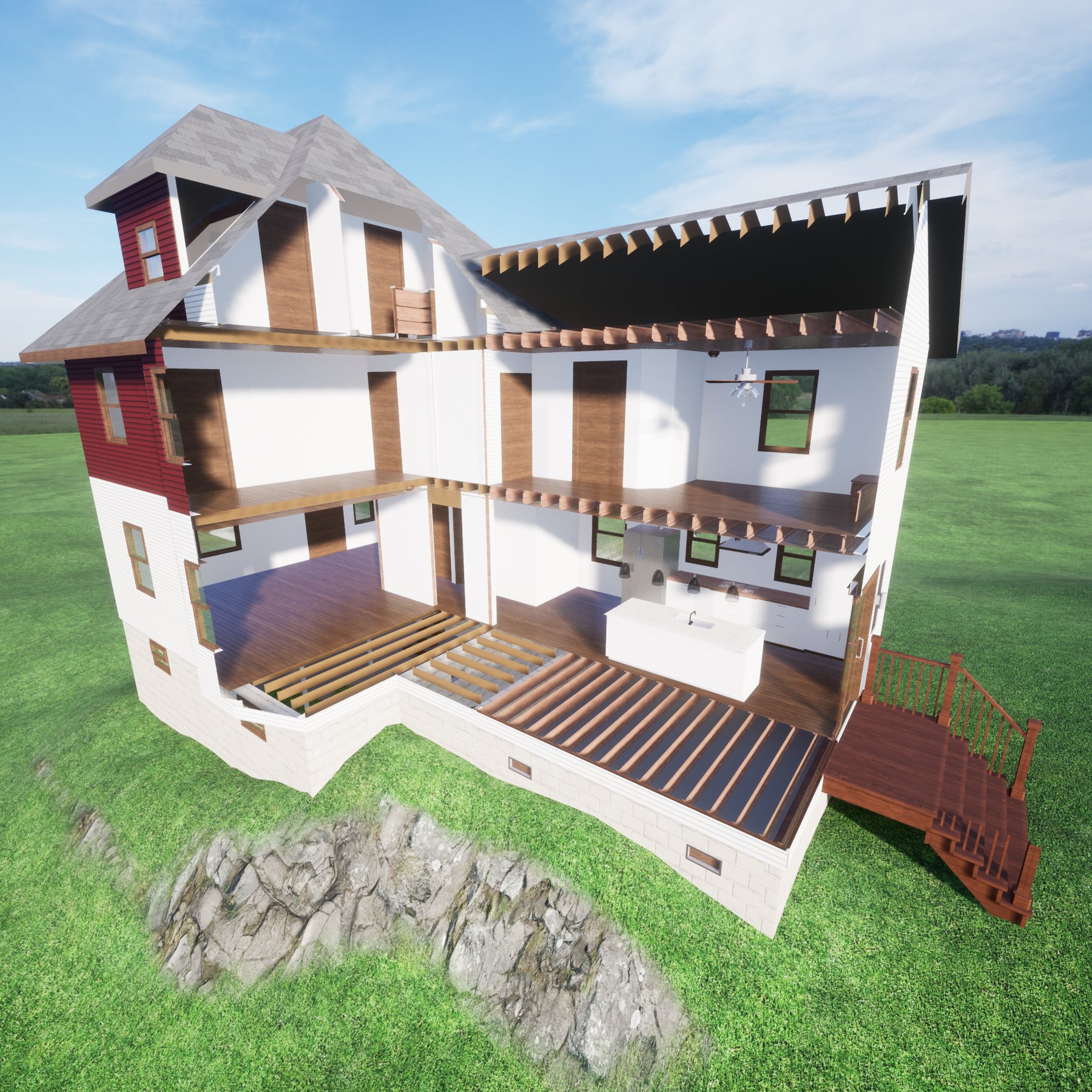 Cutaway design visualization showing the proposed rear addition and reworked interior of a Summit residence